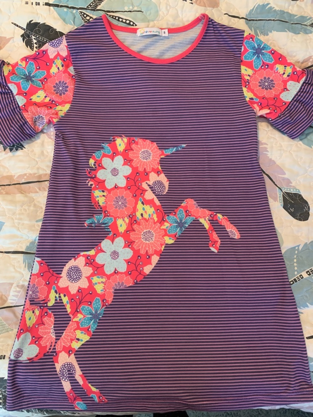 Girls' Purple Striped Unicorn Floral Dress - Kids Casual